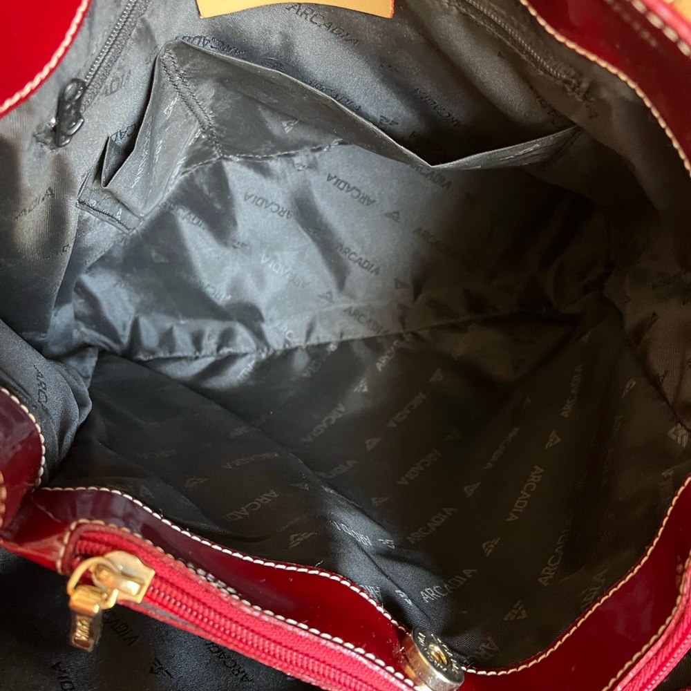 Arcadia Genuine Patent Leather Red and Tan Embossed Tote - Picture 6 of 7